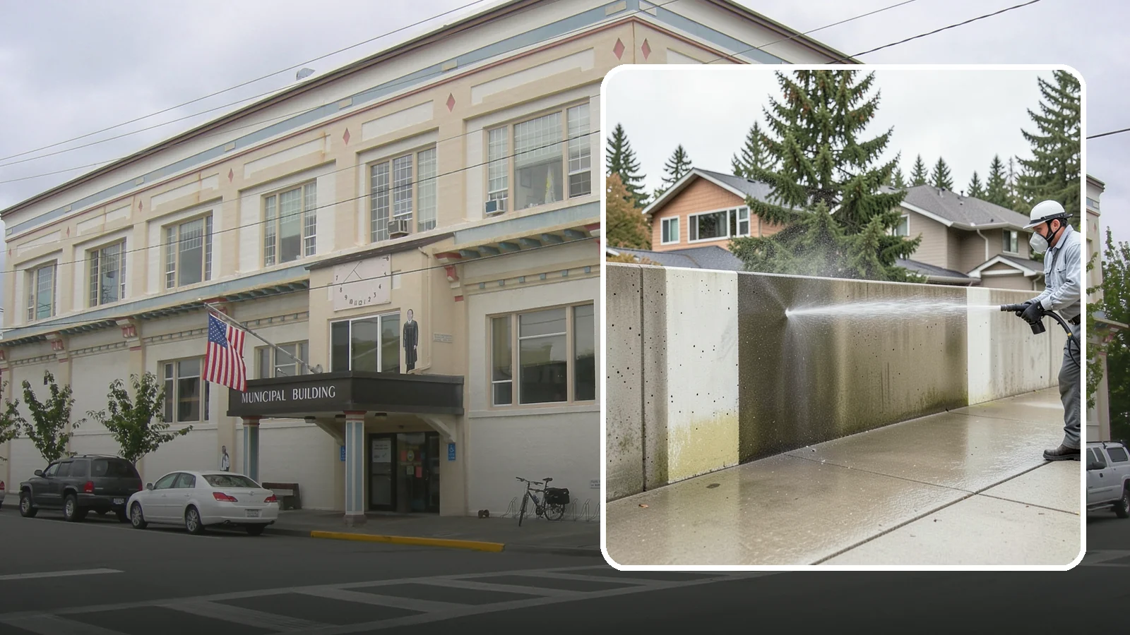 Concrete Wall Cleaning in Anacortes, Skagit County, WA - Wash algae and grime from vertical concrete walls using soft-wash methods that clean without gouging.