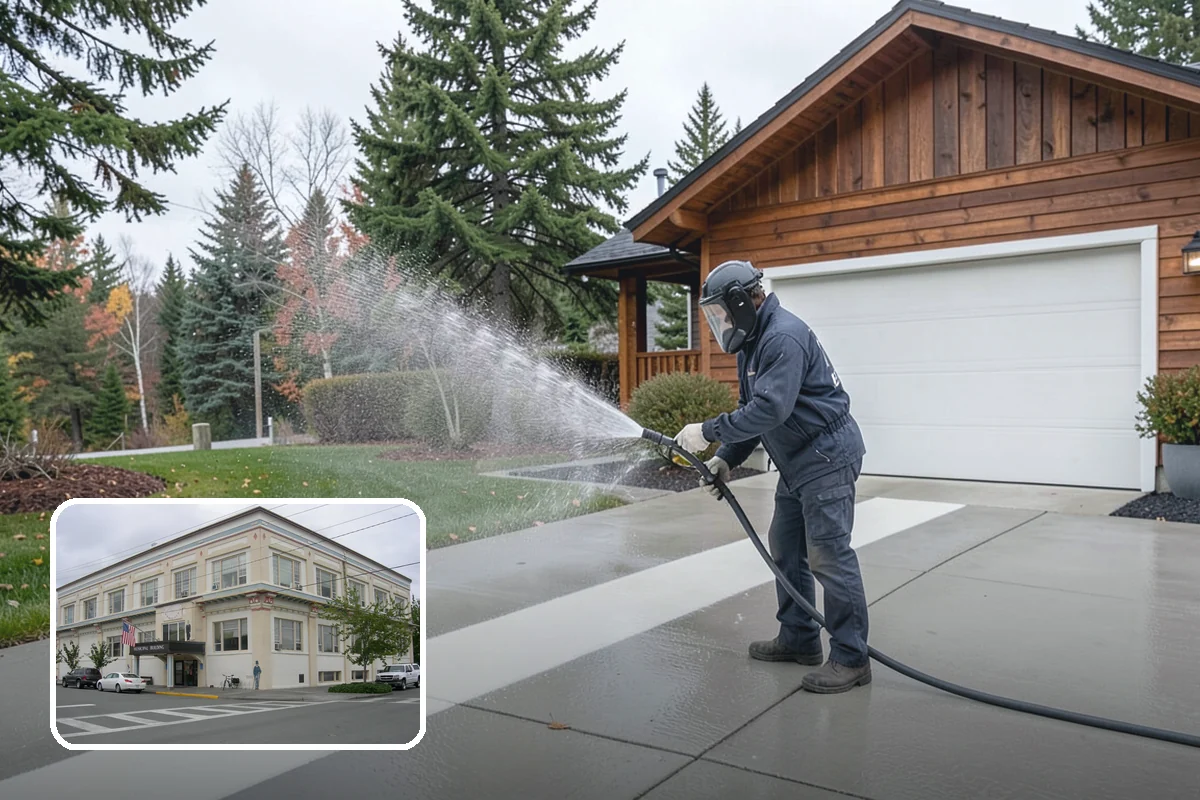 Concrete Wall Cleaning in Anacortes, Skagit County, WA - Clears green algae from shaded, north-facing wall surfaces