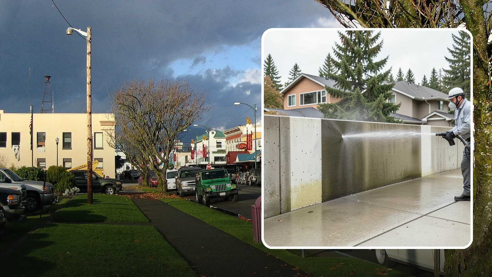 Concrete Wall Cleaning in Arlington, Snohomish County, WA - Wash algae and grime from vertical concrete walls using soft-wash methods that clean without gouging.