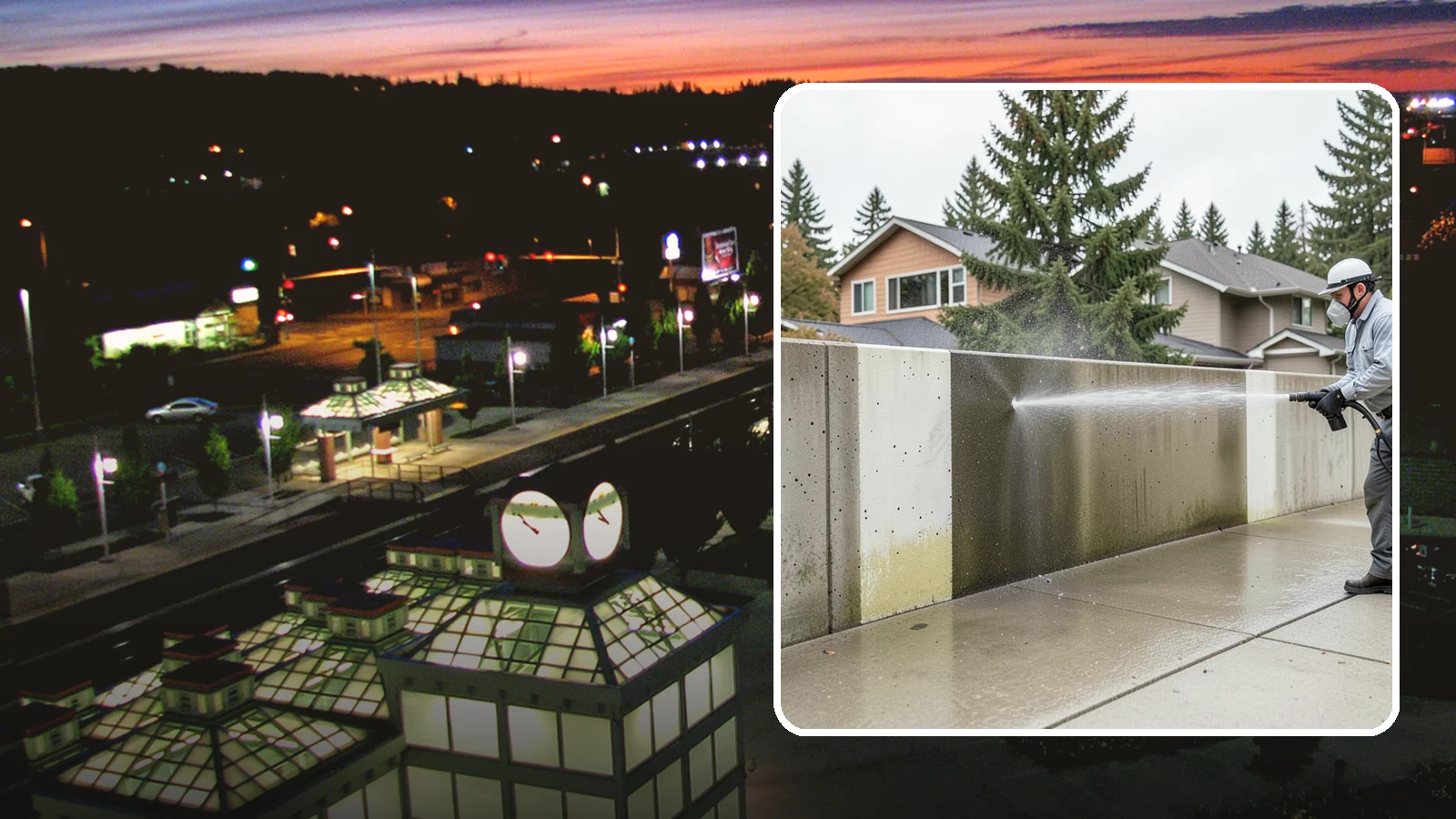 Concrete Wall Cleaning in Auburn, King County, WA - Wash algae and grime from vertical concrete walls using soft-wash methods that clean without gouging.