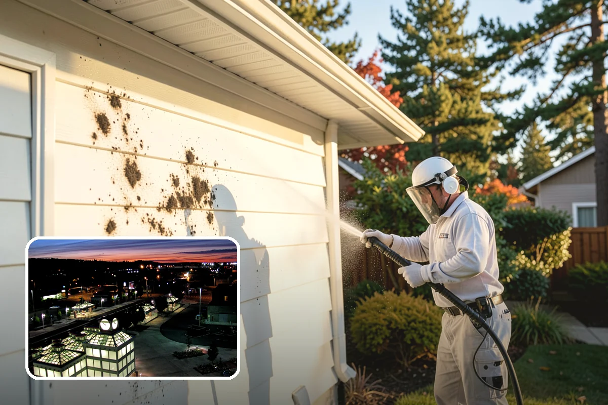 Concrete Wall Cleaning in Auburn, King County, WA - Clears green algae from shaded, north-facing wall surfaces