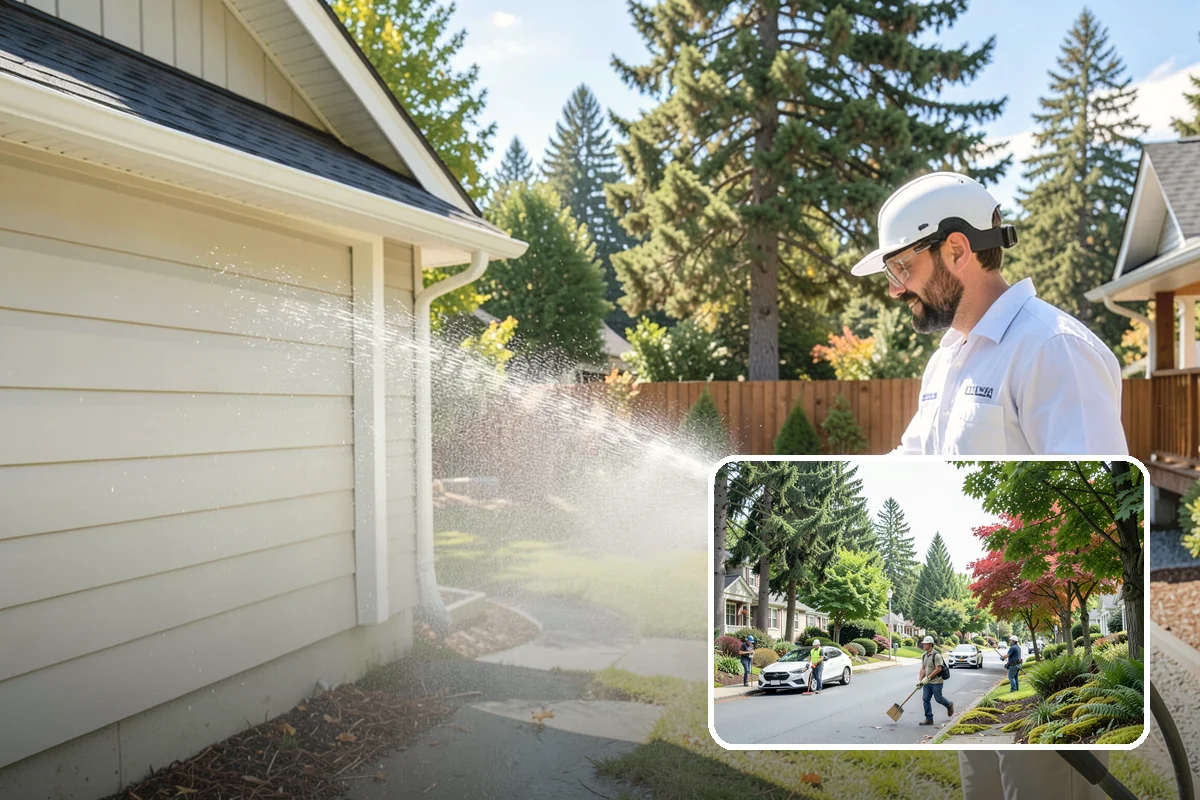Concrete Wall Cleaning in Beaux Arts Village, King County, WA - Clears green algae from shaded, north-facing wall surfaces