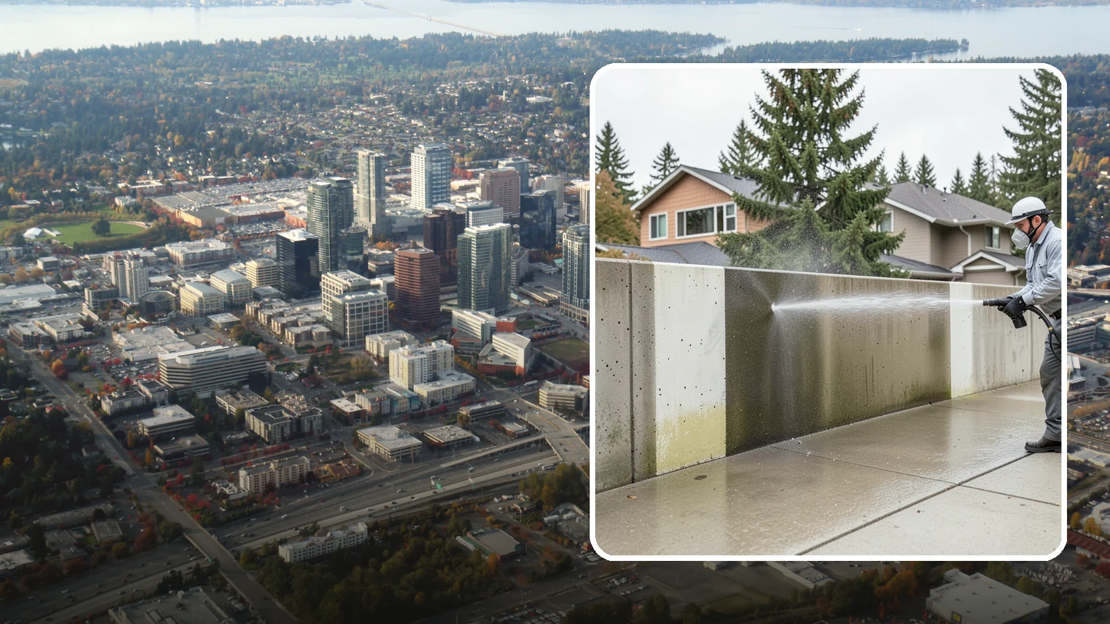 Concrete Wall Cleaning in Bellevue, King County, WA - Wash algae and grime from vertical concrete walls using soft-wash methods that clean without gouging.