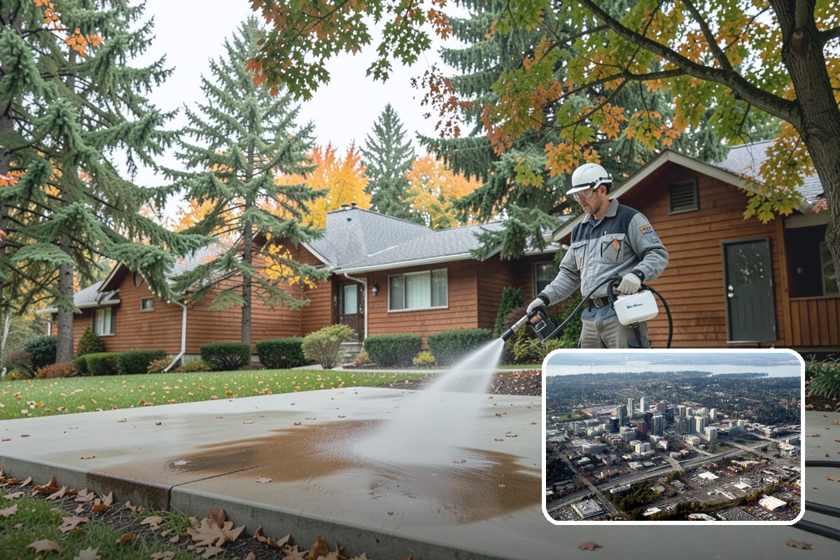 Concrete Wall Cleaning in Bellevue, King County, WA - Clears green algae from shaded, north-facing wall surfaces