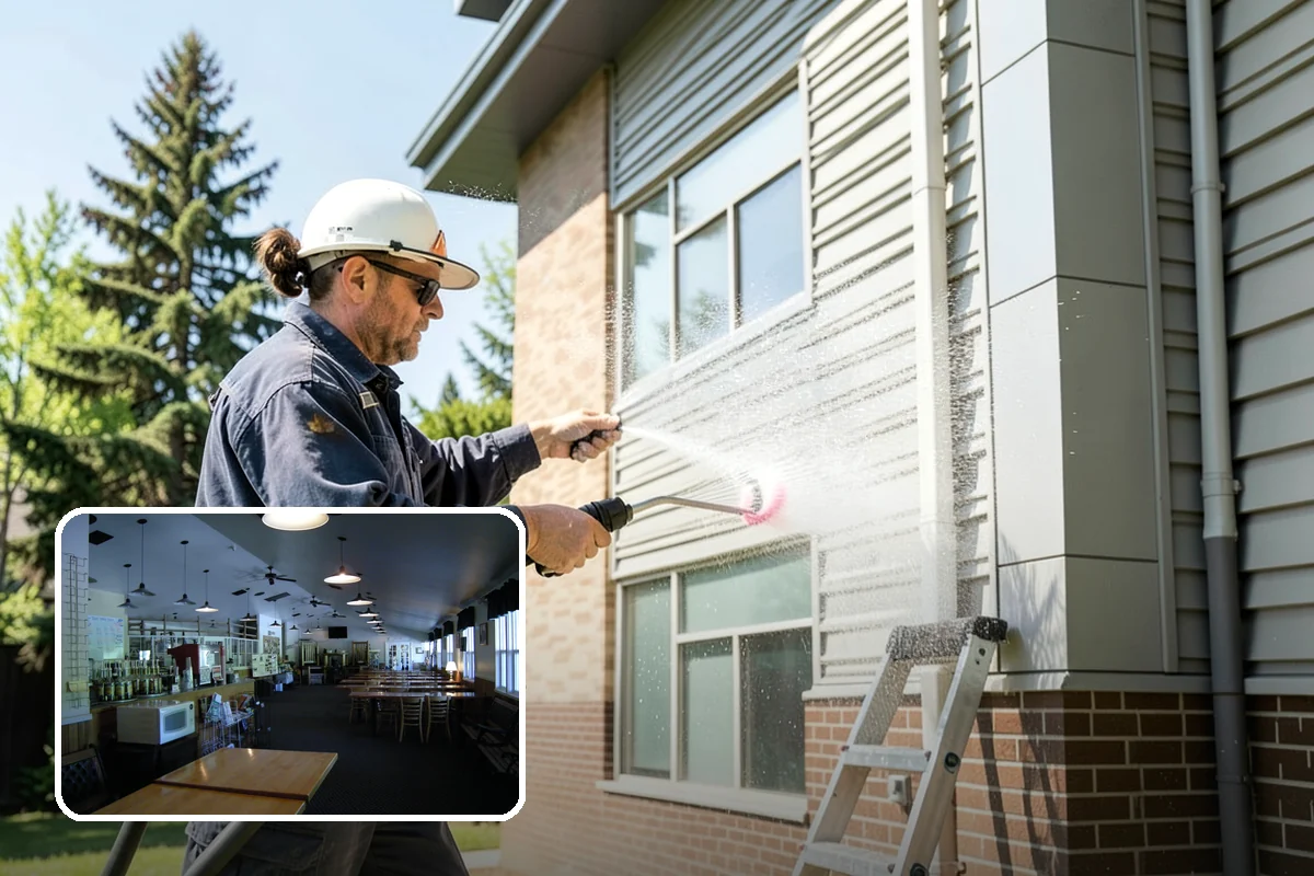 Concrete Wall Cleaning in Black Diamond, King County, WA - Clears green algae from shaded, north-facing wall surfaces