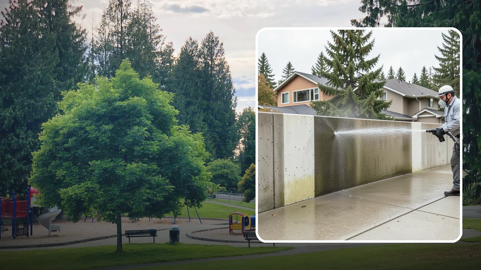 Concrete Wall Cleaning in Bonney Lake, Pierce County, WA - Wash algae and grime from vertical concrete walls using soft-wash methods that clean without gouging.