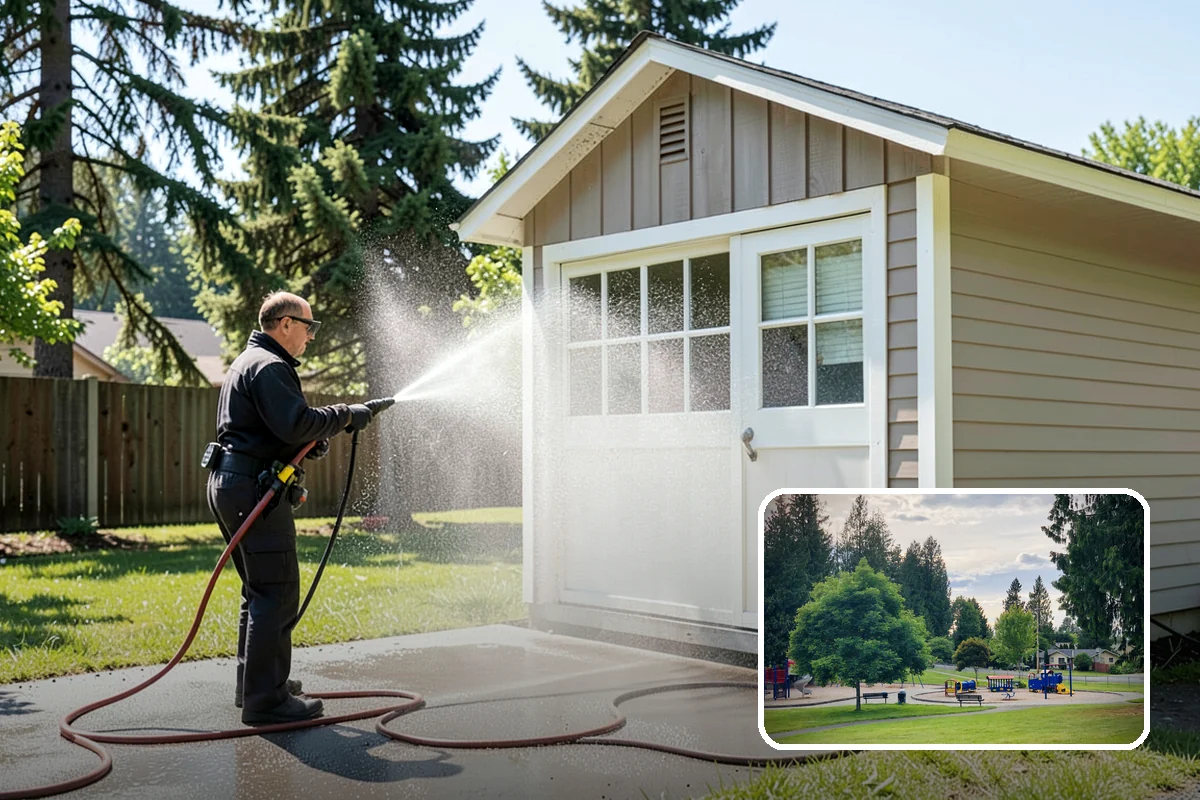 Concrete Wall Cleaning in Bonney Lake, Pierce County, WA - Clears green algae from shaded, north-facing wall surfaces