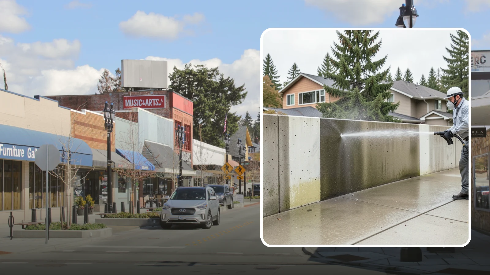 Concrete Wall Cleaning in Bothell, King County, WA - Wash algae and grime from vertical concrete walls using soft-wash methods that clean without gouging.
