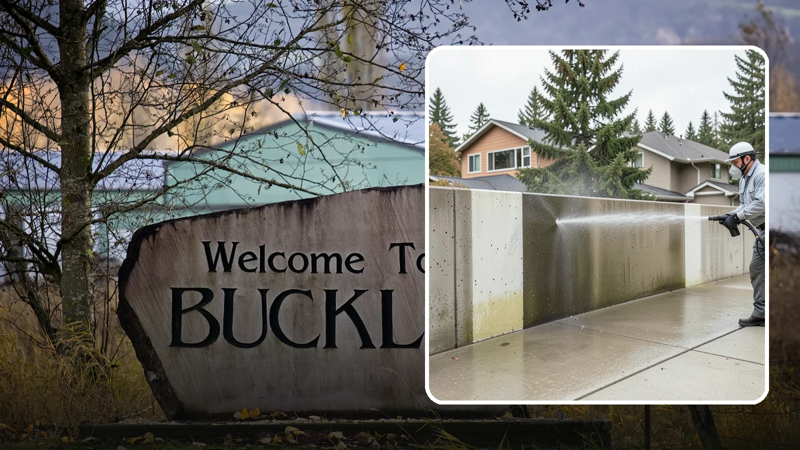 Concrete Wall Cleaning in Buckley, Pierce County, WA - Wash algae and grime from vertical concrete walls using soft-wash methods that clean without gouging.