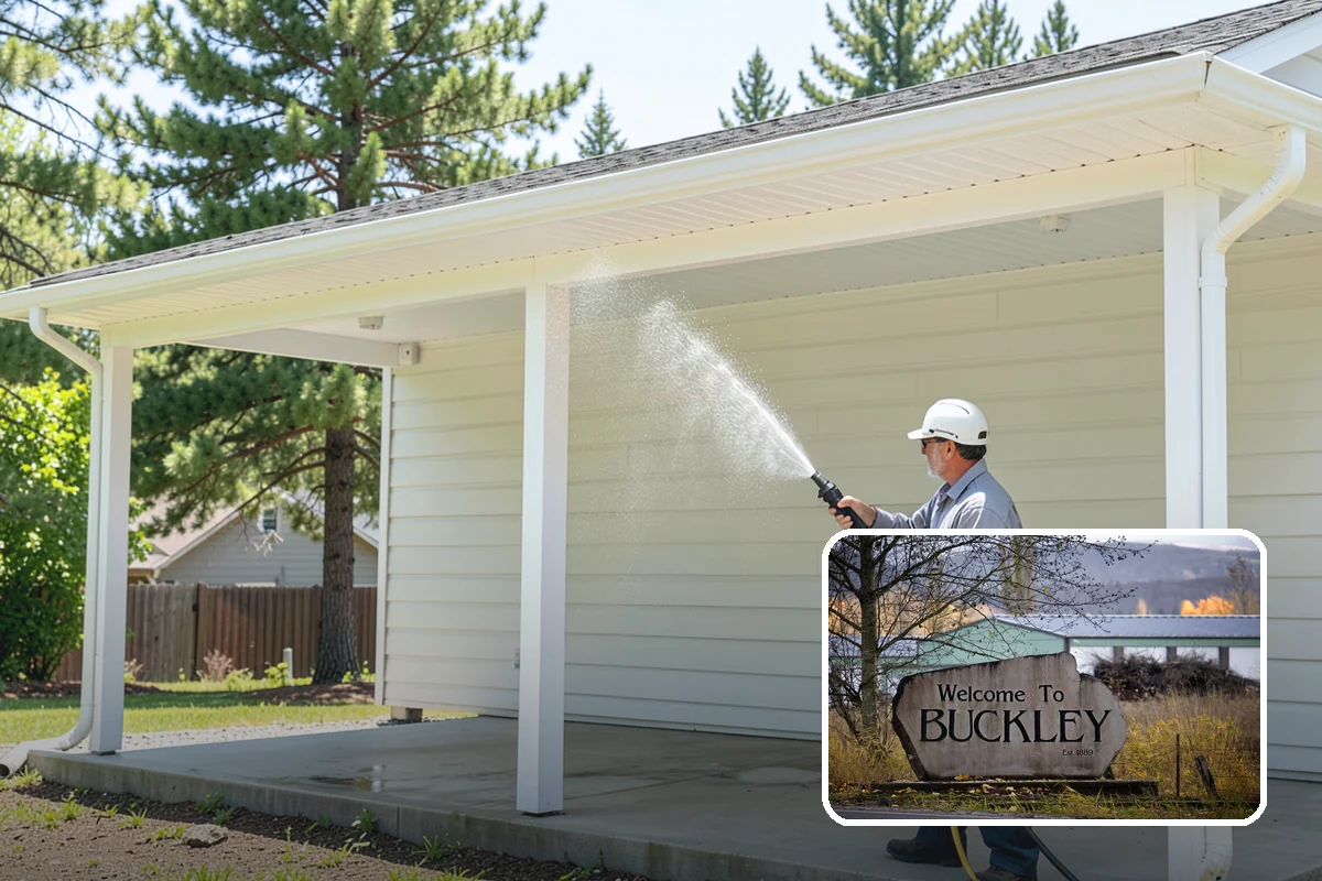 Concrete Wall Cleaning in Buckley, Pierce County, WA - Clears green algae from shaded, north-facing wall surfaces