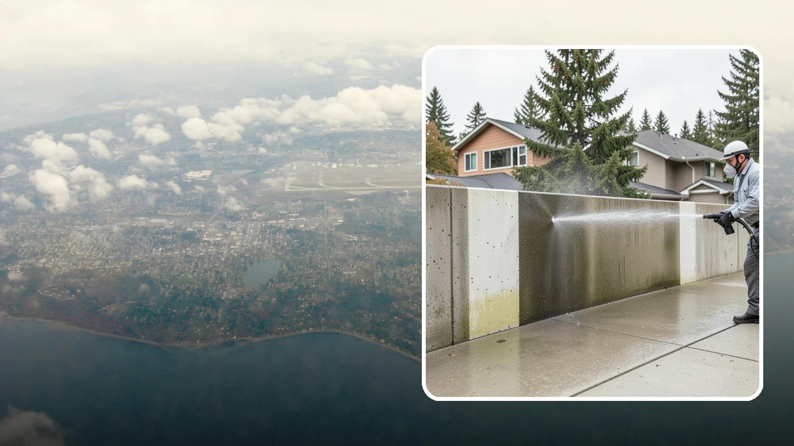 Concrete Wall Cleaning in Burien, King County, WA - Wash algae and grime from vertical concrete walls using soft-wash methods that clean without gouging.