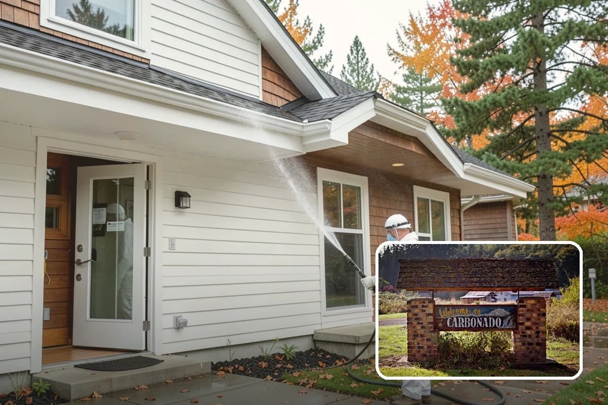 Concrete Wall Cleaning in Carbonado, Pierce County, WA - Clears green algae from shaded, north-facing wall surfaces