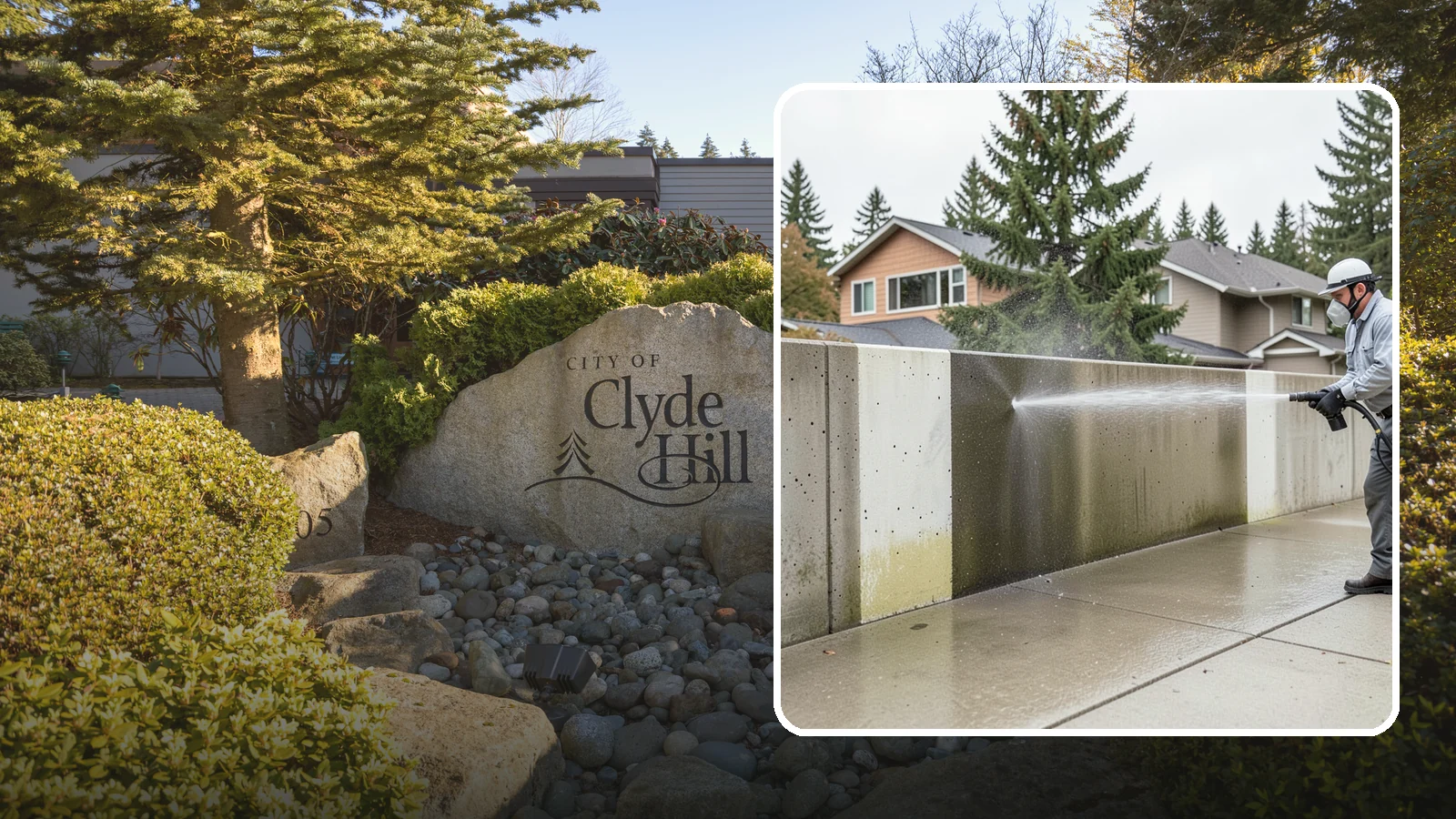 Concrete Wall Cleaning in Clyde Hill, King County, WA - Wash algae and grime from vertical concrete walls using soft-wash methods that clean without gouging.
