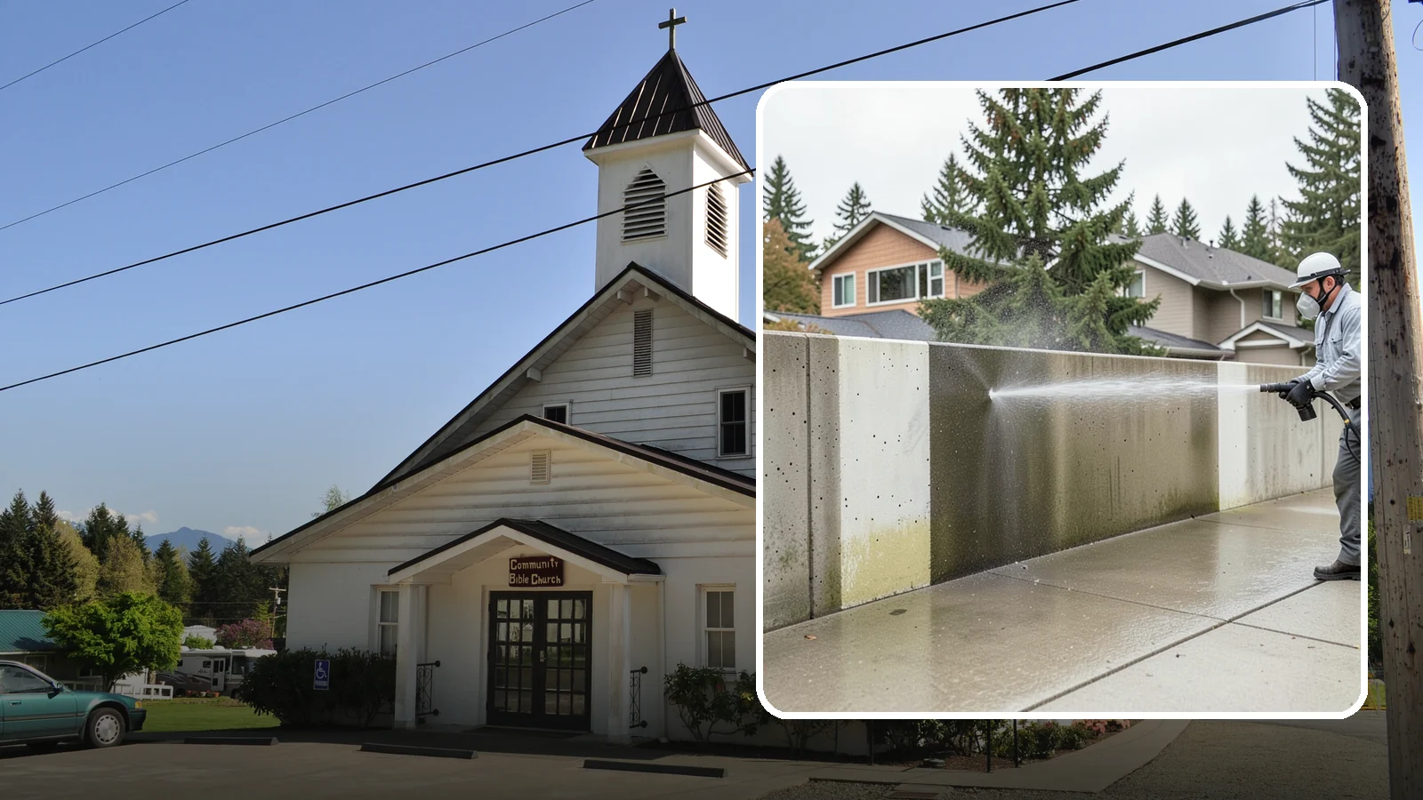 Concrete Wall Cleaning in Concrete, Skagit County, WA - Wash algae and grime from vertical concrete walls using soft-wash methods that clean without gouging.