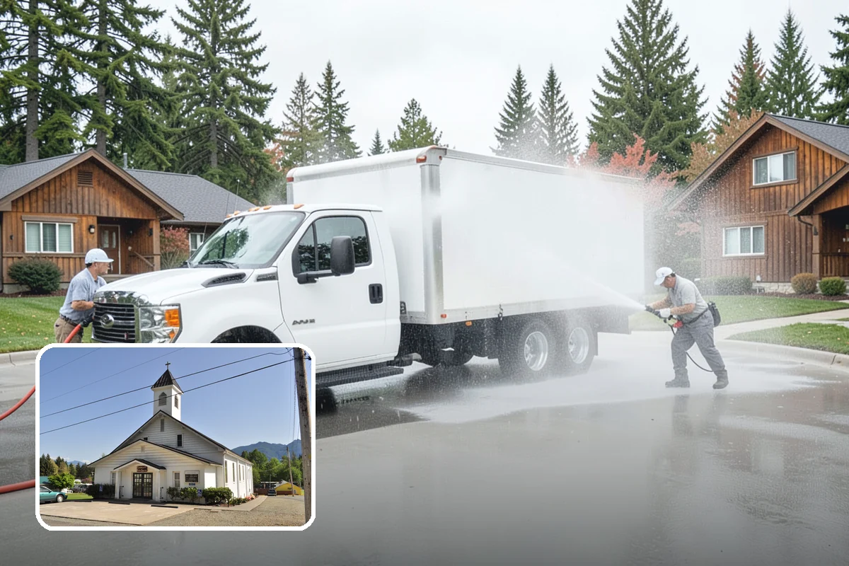 Concrete Wall Cleaning in Concrete, Skagit County, WA - Clears green algae from shaded, north-facing wall surfaces