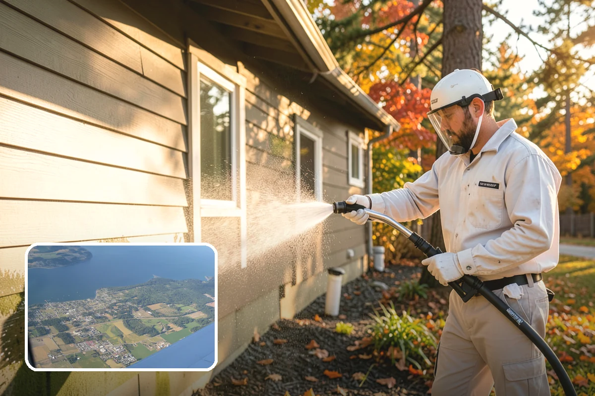 Concrete Wall Cleaning in Coupeville, Island County, WA - Clears green algae from shaded, north-facing wall surfaces