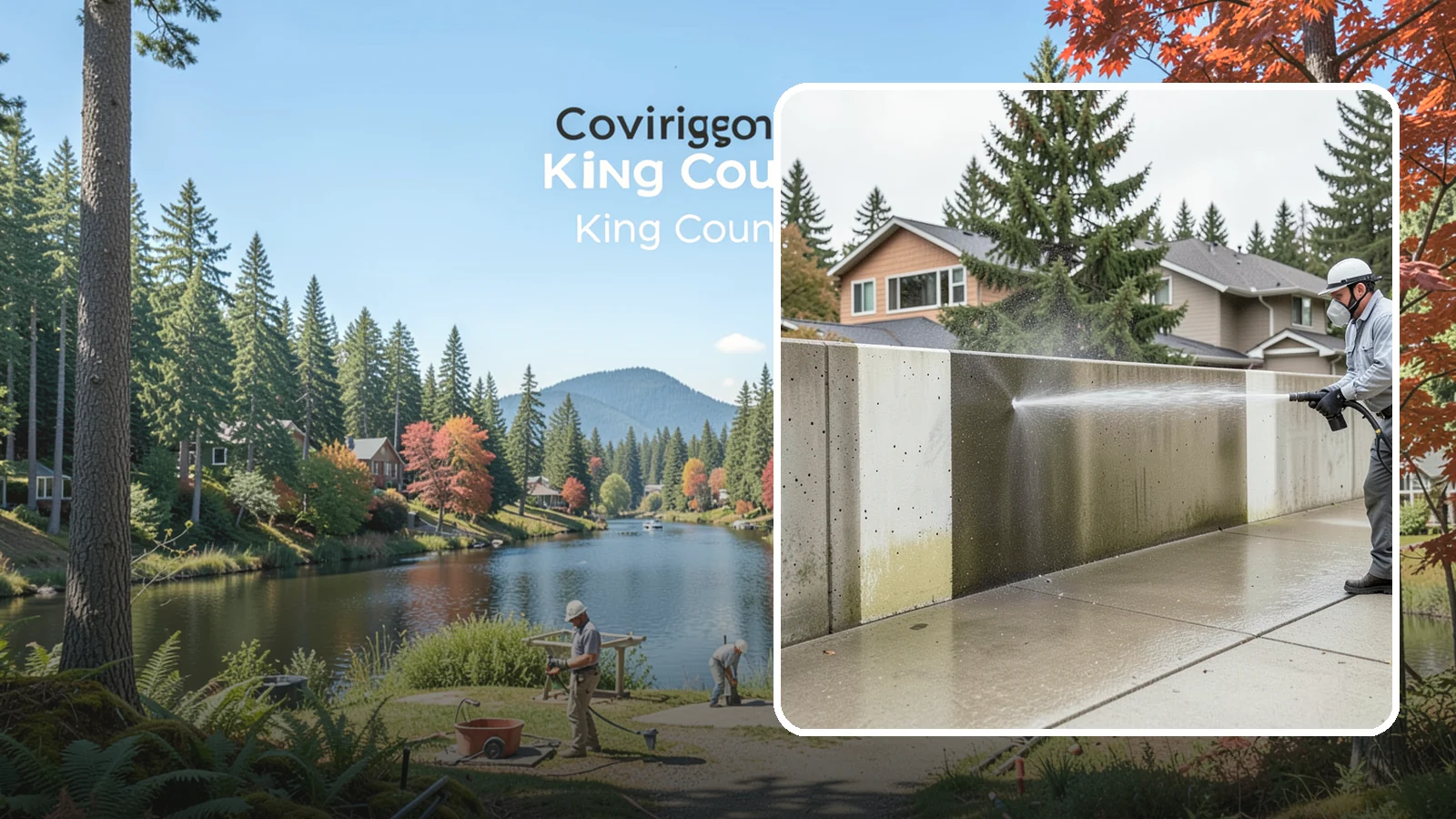 Concrete Wall Cleaning in Covington, King County, WA - Wash algae and grime from vertical concrete walls using soft-wash methods that clean without gouging.