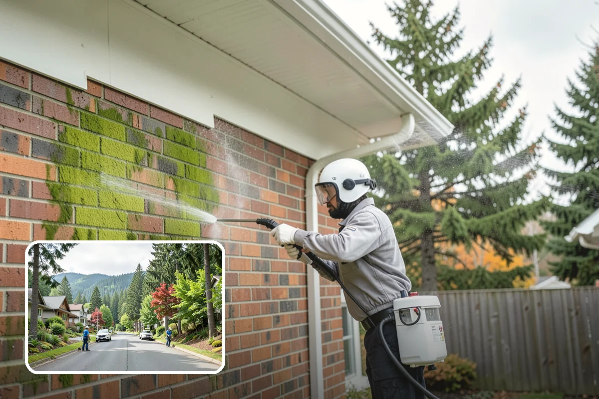 Concrete Wall Cleaning in Darrington, Snohomish County, WA - Clears green algae from shaded, north-facing wall surfaces