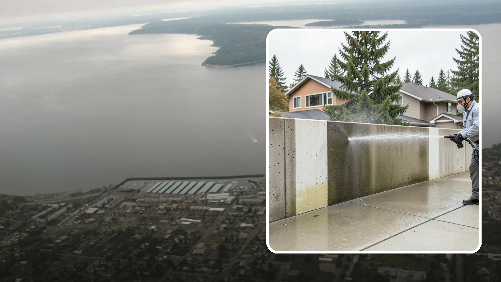 Concrete Wall Cleaning in Des Moines, King County, WA - Wash algae and grime from vertical concrete walls using soft-wash methods that clean without gouging.