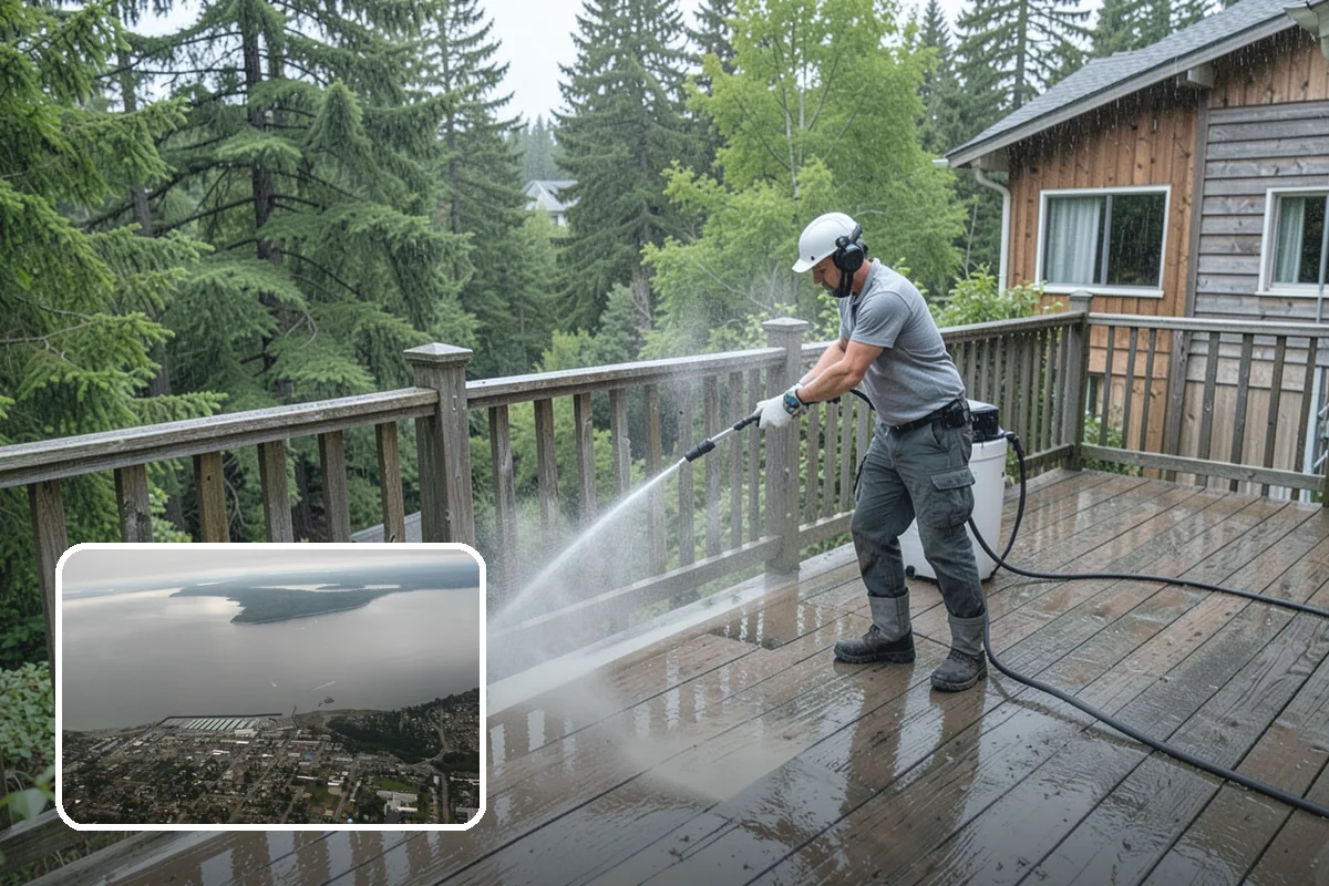 Concrete Wall Cleaning in Des Moines, King County, WA - Clears green algae from shaded, north-facing wall surfaces