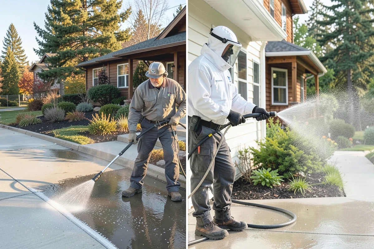 Concrete Wall Cleaning in Des Moines, King County, WA - Protect adjacent plantings and cover nearby surfaces