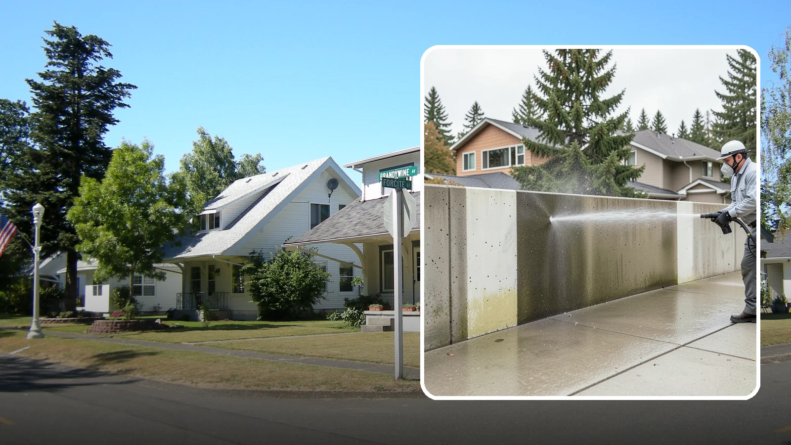 Concrete Wall Cleaning in DuPont, Pierce County, WA - Wash algae and grime from vertical concrete walls using soft-wash methods that clean without gouging.