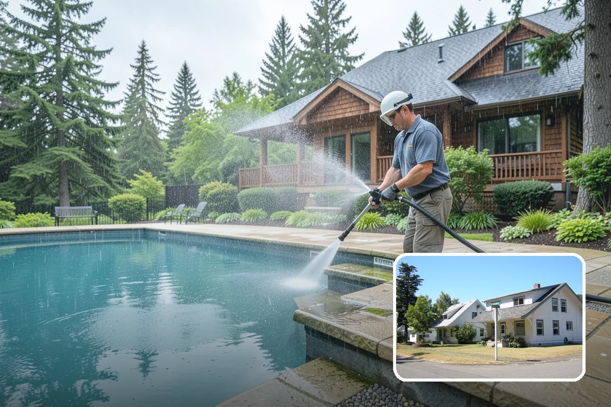 Concrete Wall Cleaning in DuPont, Pierce County, WA - Clears green algae from shaded, north-facing wall surfaces