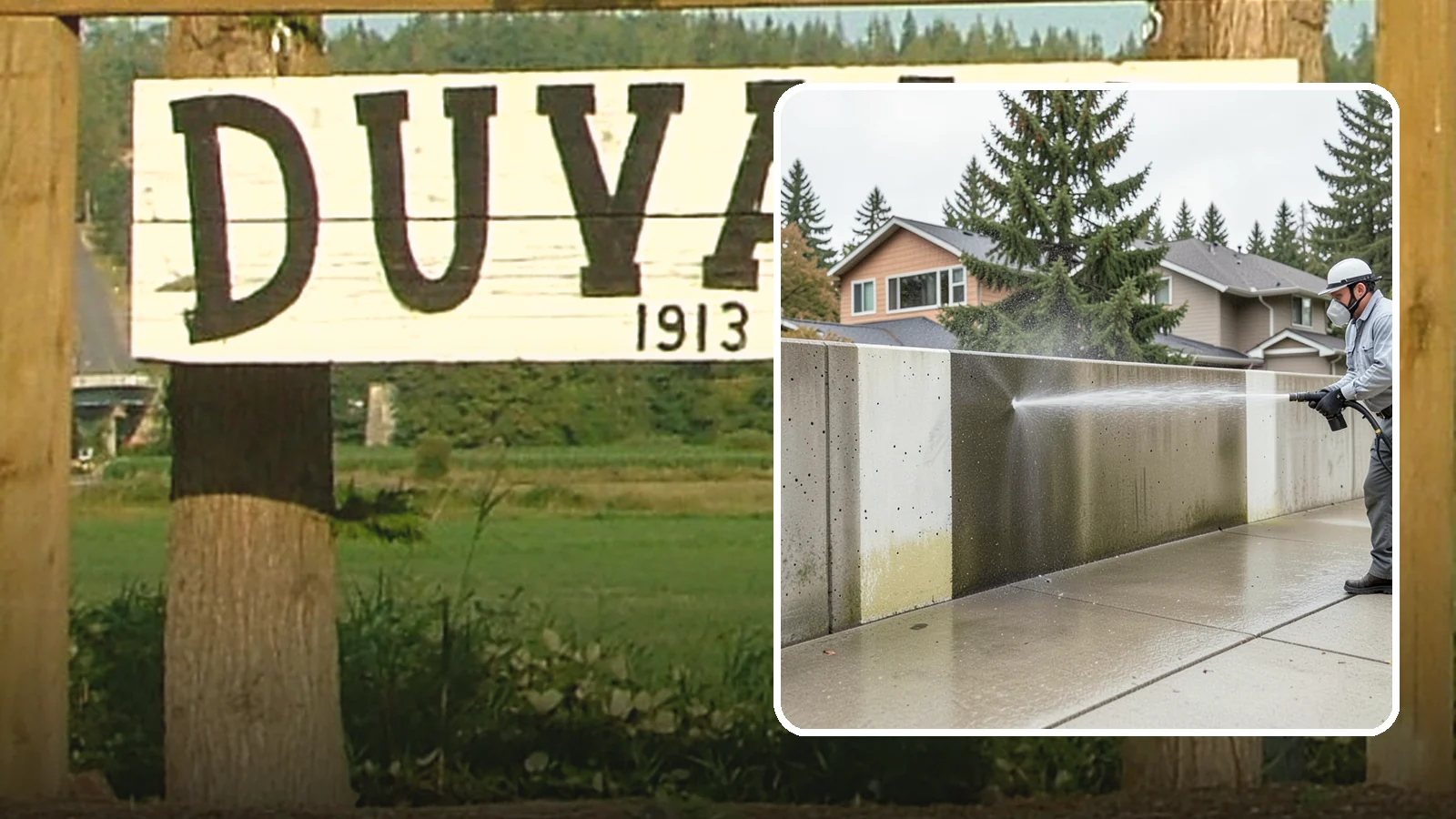 Concrete Wall Cleaning in Duvall, King County, WA - Wash algae and grime from vertical concrete walls using soft-wash methods that clean without gouging.