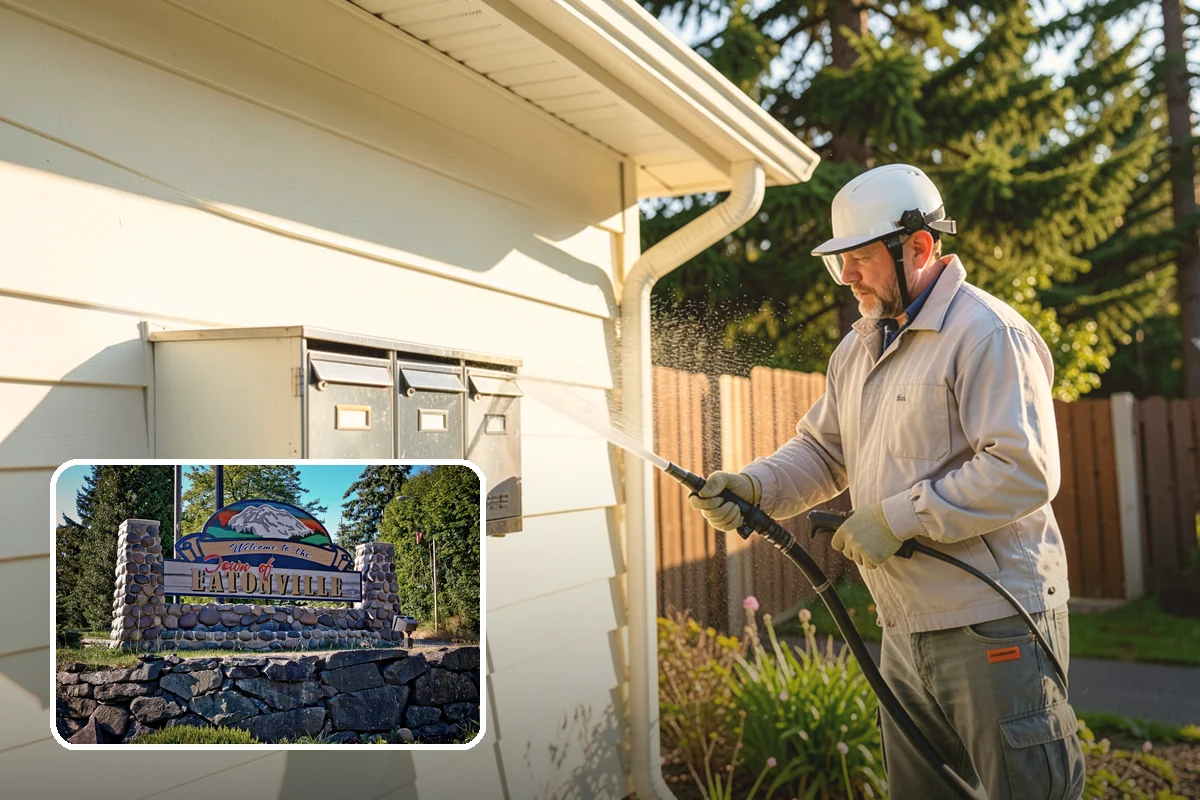 Concrete Wall Cleaning in Eatonville, Pierce County, WA - Clears green algae from shaded, north-facing wall surfaces