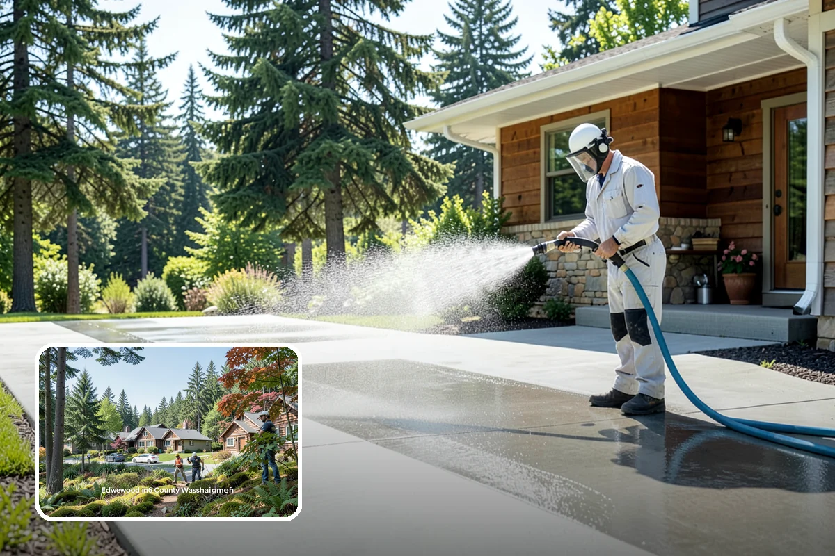 Concrete Wall Cleaning in Edgewood, Pierce County, WA - Clears green algae from shaded, north-facing wall surfaces
