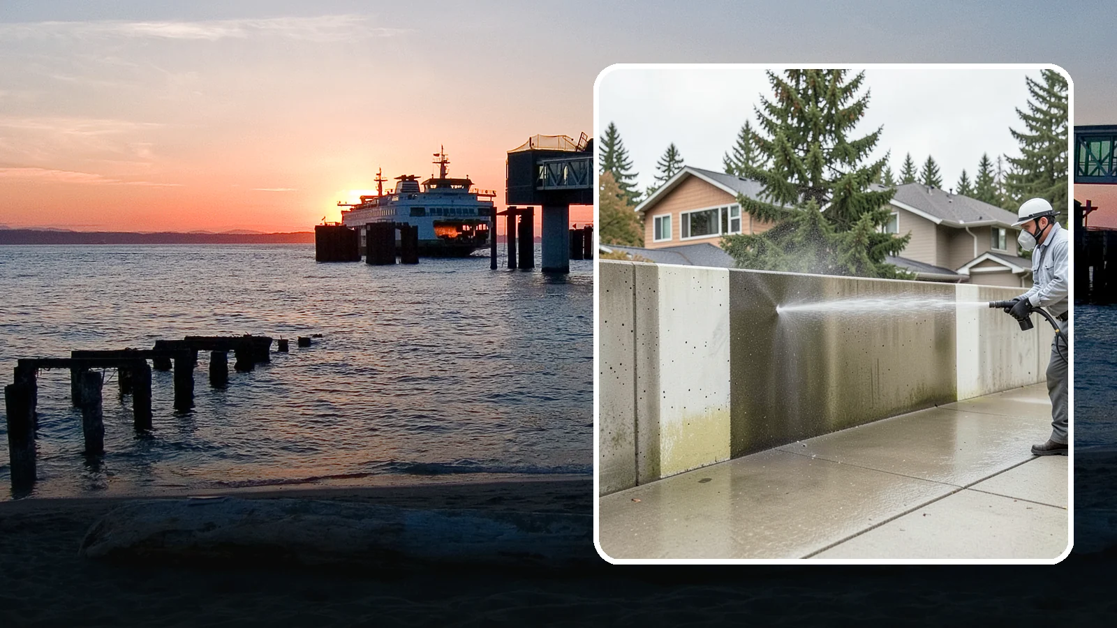 Concrete Wall Cleaning in Edmonds, Snohomish County, WA - Wash algae and grime from vertical concrete walls using soft-wash methods that clean without gouging.