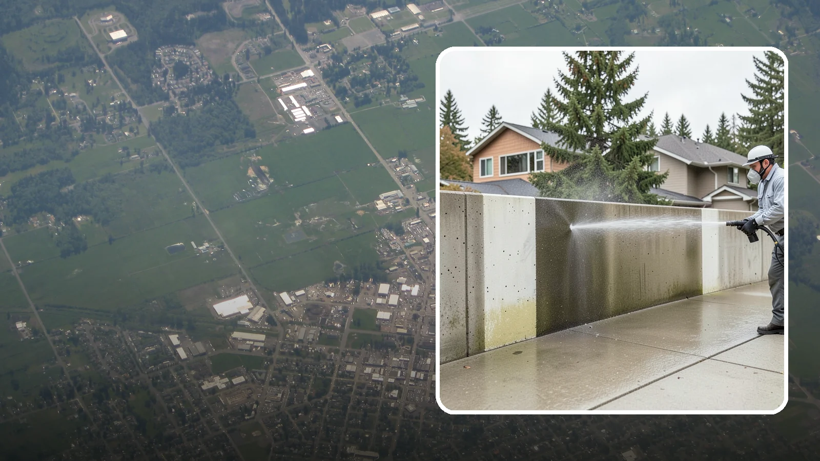 Concrete Wall Cleaning in Enumclaw, King County, WA - Wash algae and grime from vertical concrete walls using soft-wash methods that clean without gouging.