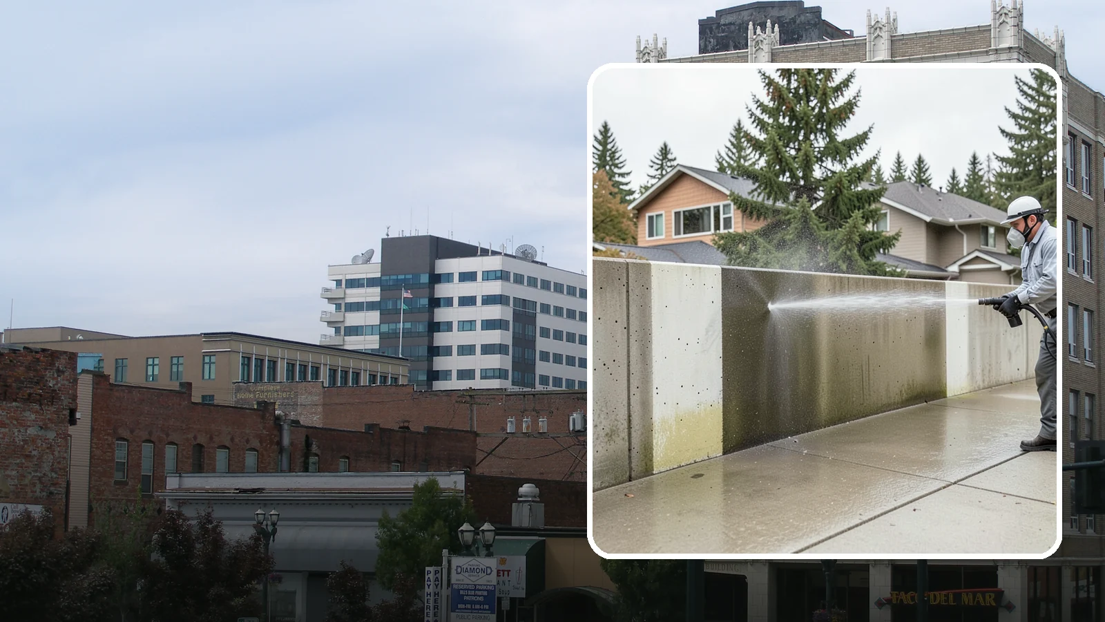 Concrete Wall Cleaning in Everett, Snohomish County, WA - Wash algae and grime from vertical concrete walls using soft-wash methods that clean without gouging.