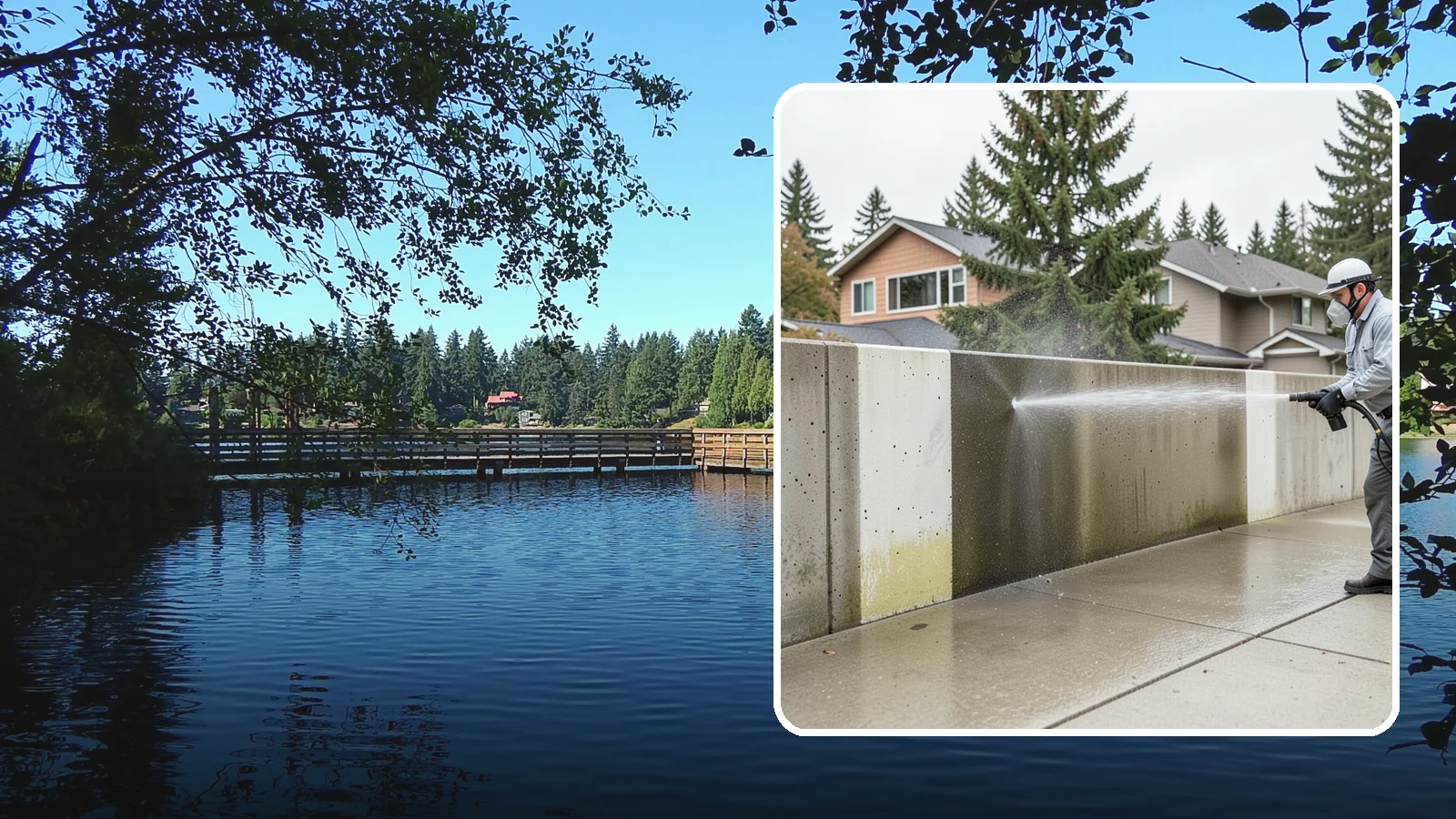 Concrete Wall Cleaning in Federal Way, King County, WA - Wash algae and grime from vertical concrete walls using soft-wash methods that clean without gouging.
