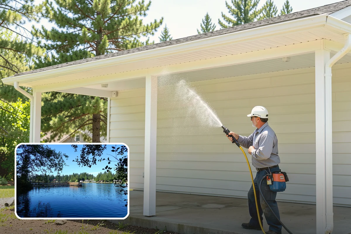 Concrete Wall Cleaning in Federal Way, King County, WA - Clears green algae from shaded, north-facing wall surfaces