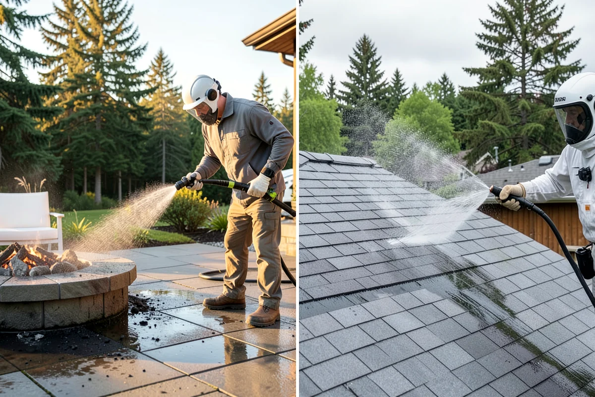 Concrete Wall Cleaning in Fircrest, Pierce County, WA - Protect adjacent plantings and cover nearby surfaces