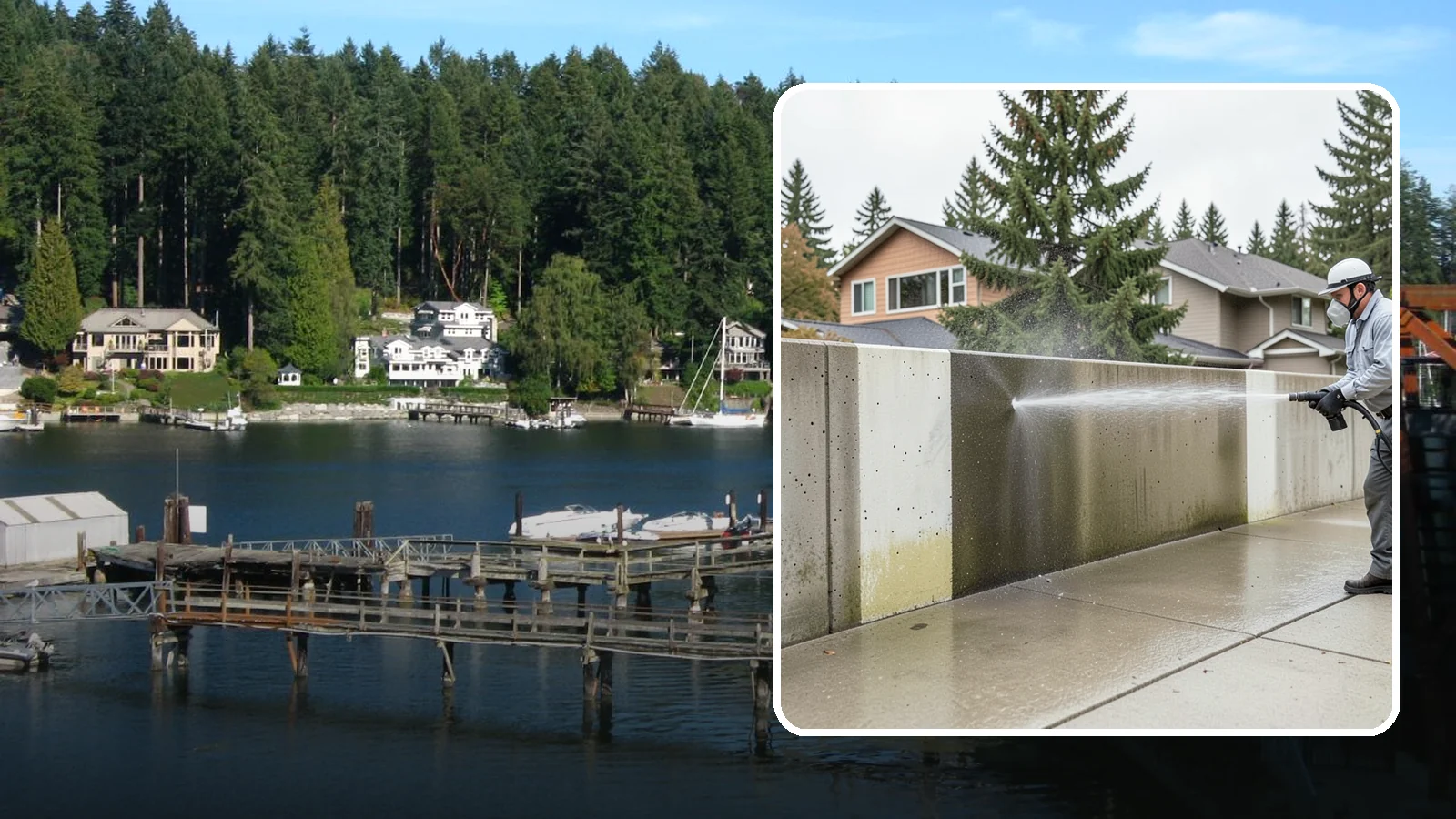 Concrete Wall Cleaning in Gig Harbor, Pierce County, WA - Wash algae and grime from vertical concrete walls using soft-wash methods that clean without gouging.