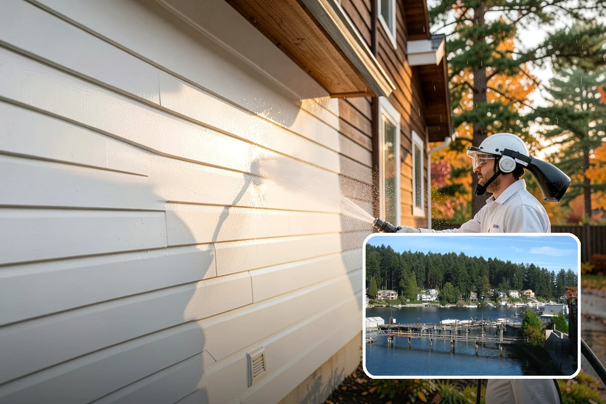 Concrete Wall Cleaning in Gig Harbor, Pierce County, WA - Clears green algae from shaded, north-facing wall surfaces
