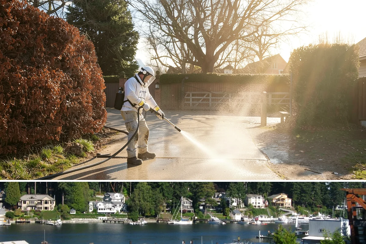 Concrete Wall Cleaning in Gig Harbor, Pierce County, WA - Spring is a strong time to clear the algae that flourished through the wet winter, giving walls a clean start before summer.