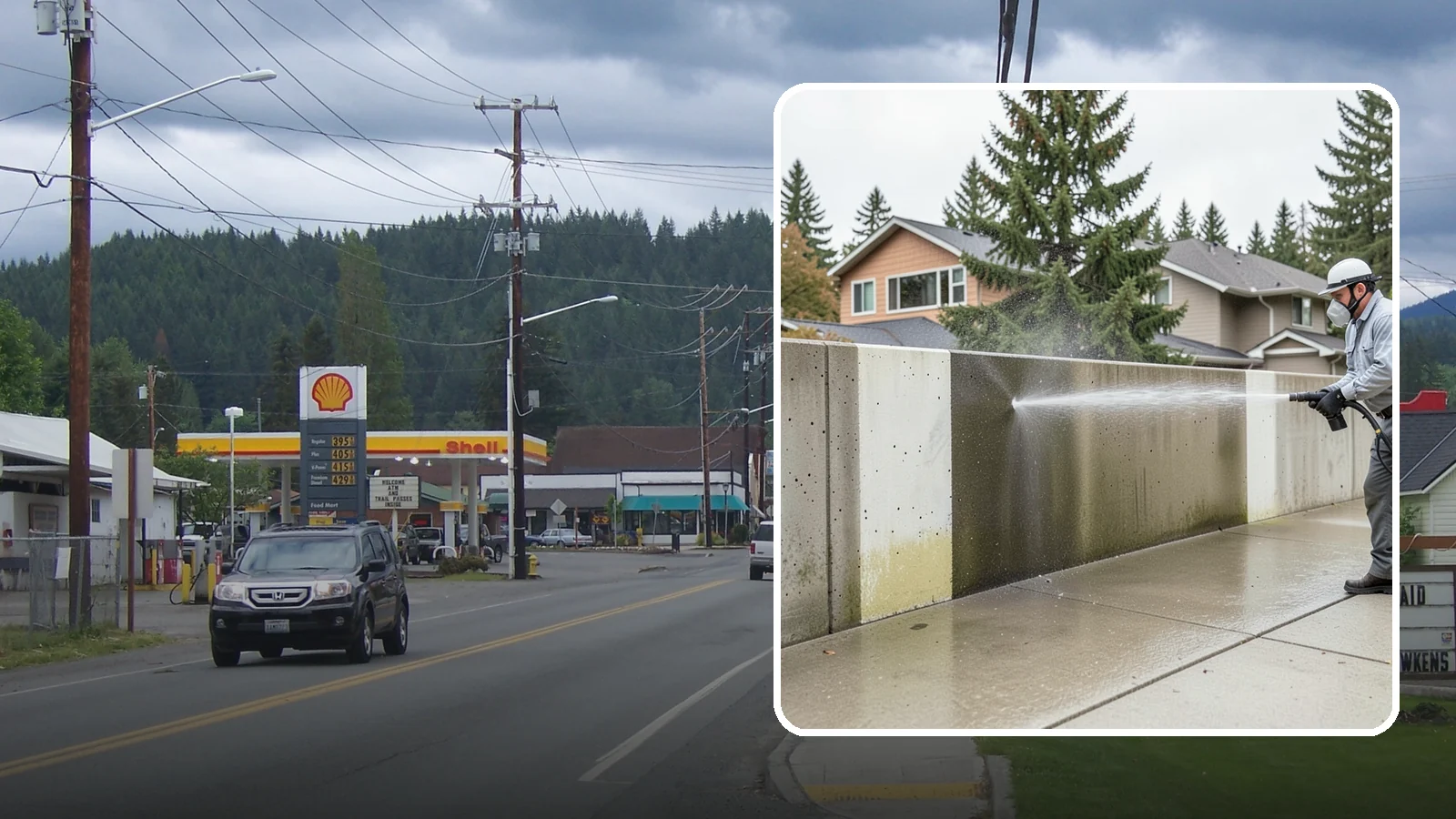 Concrete Wall Cleaning in Granite Falls, Snohomish County, WA - Wash algae and grime from vertical concrete walls using soft-wash methods that clean without gouging.
