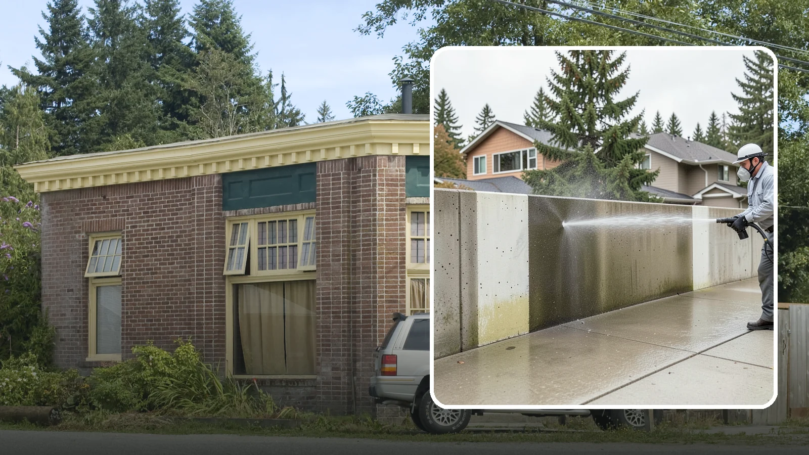 Concrete Wall Cleaning in Hamilton, Skagit County, WA - Wash algae and grime from vertical concrete walls using soft-wash methods that clean without gouging.