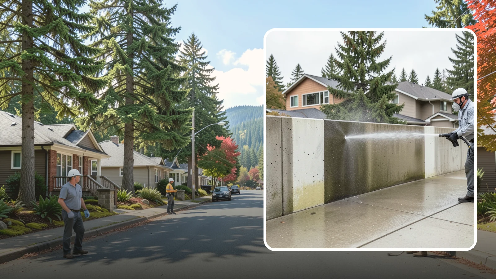 Concrete Wall Cleaning in Hunts Point, King County, WA - Wash algae and grime from vertical concrete walls using soft-wash methods that clean without gouging.