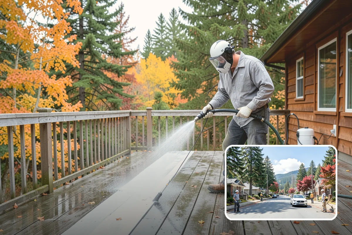 Concrete Wall Cleaning in Hunts Point, King County, WA - Clears green algae from shaded, north-facing wall surfaces