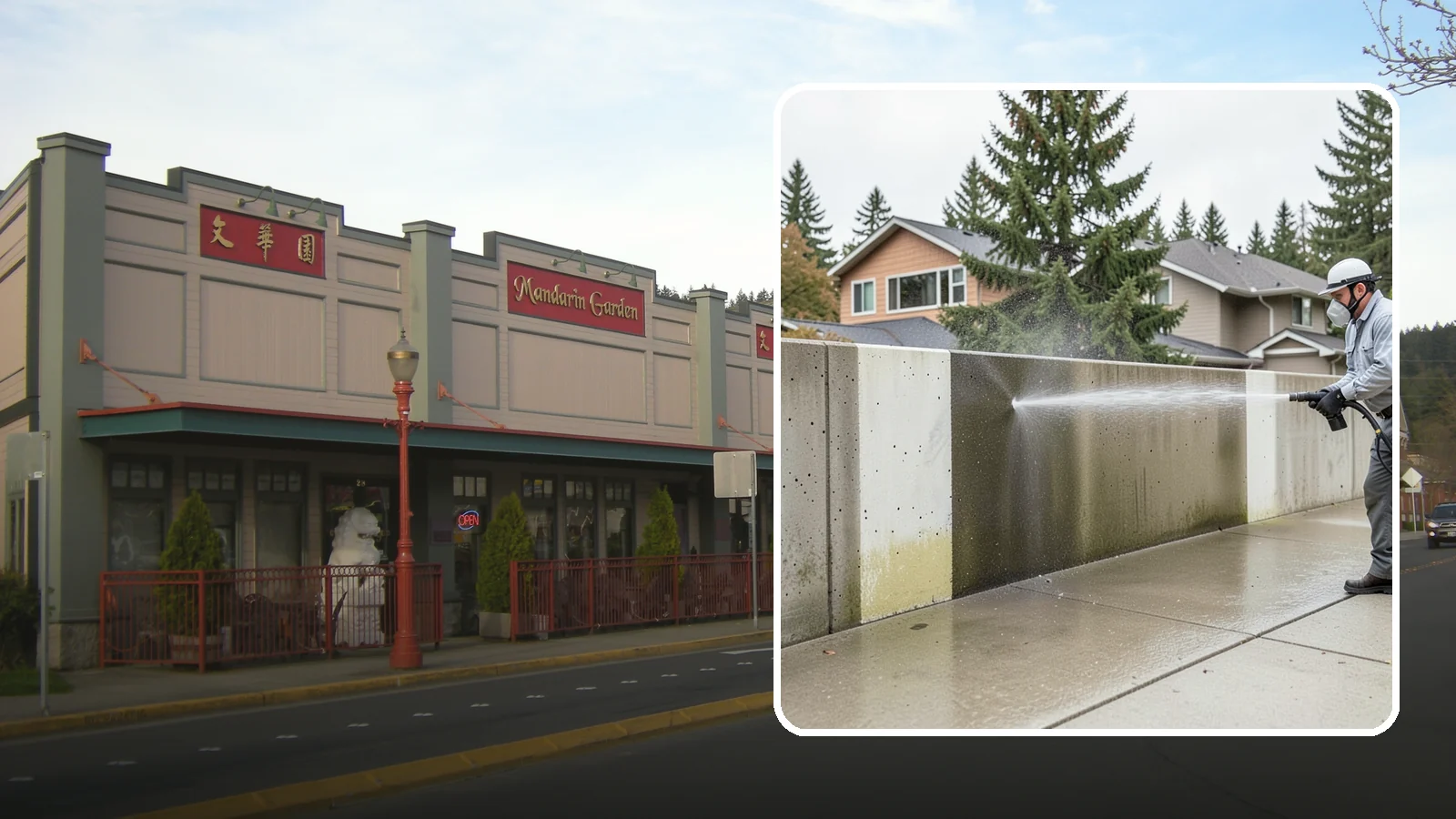 Concrete Wall Cleaning in Issaquah, King County, WA - Wash algae and grime from vertical concrete walls using soft-wash methods that clean without gouging.