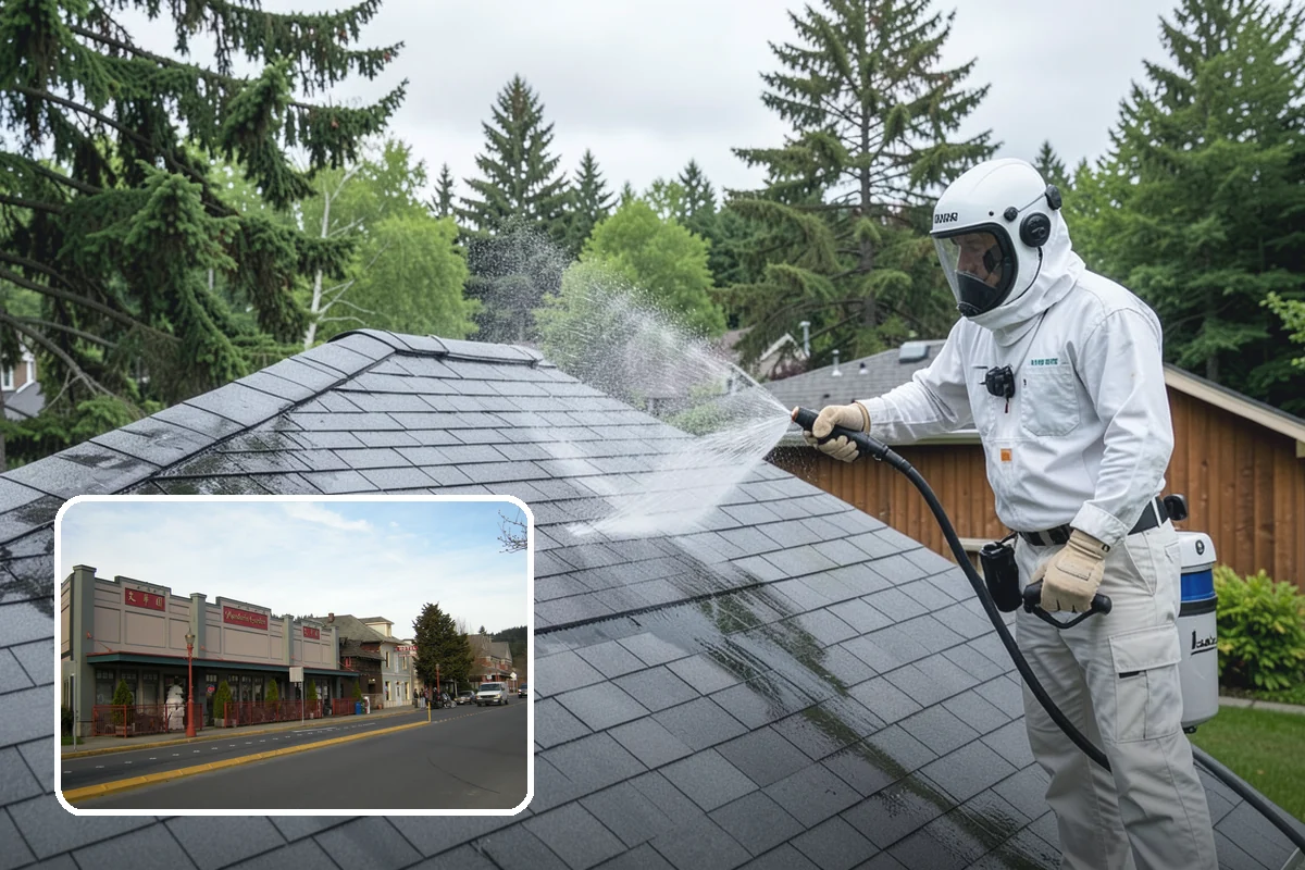 Concrete Wall Cleaning in Issaquah, King County, WA - Clears green algae from shaded, north-facing wall surfaces