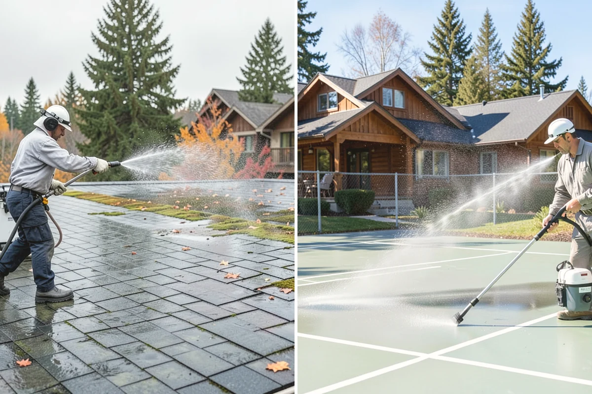 Concrete Wall Cleaning in Issaquah, King County, WA - Protect adjacent plantings and cover nearby surfaces