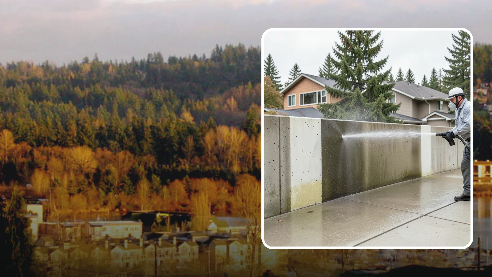 Concrete Wall Cleaning in Kenmore, King County, WA - Wash algae and grime from vertical concrete walls using soft-wash methods that clean without gouging.