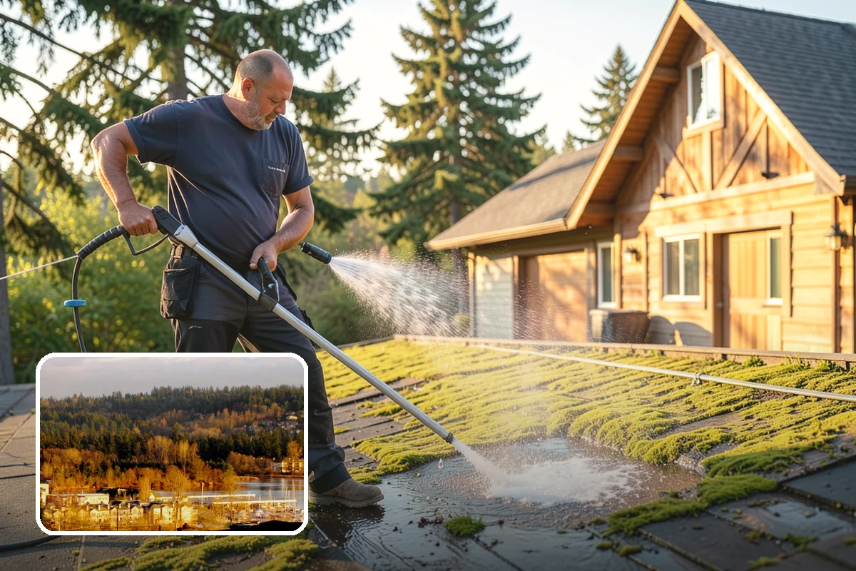Concrete Wall Cleaning in Kenmore, King County, WA - Clears green algae from shaded, north-facing wall surfaces