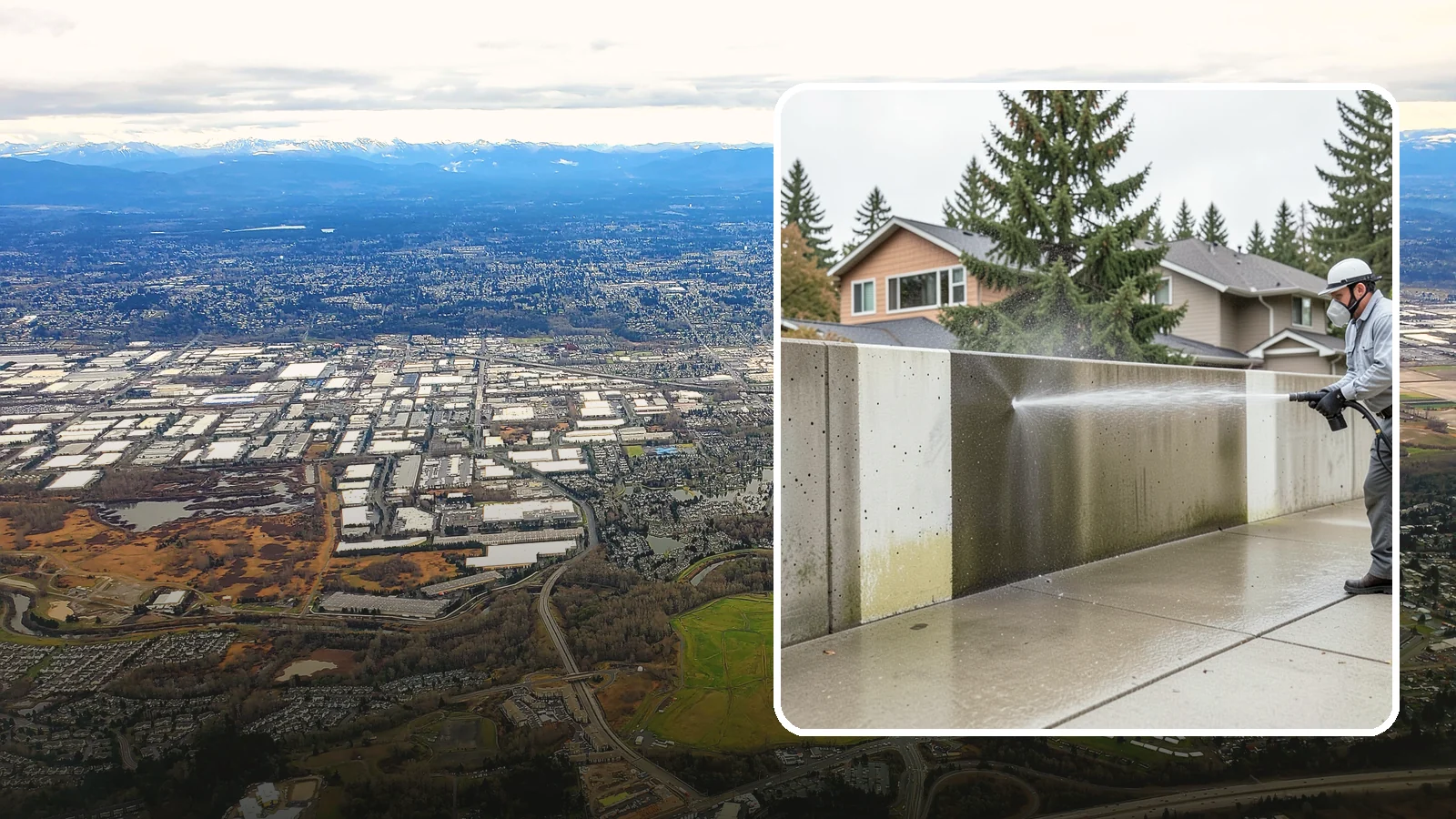 Concrete Wall Cleaning in Kent, King County, WA - Wash algae and grime from vertical concrete walls using soft-wash methods that clean without gouging.