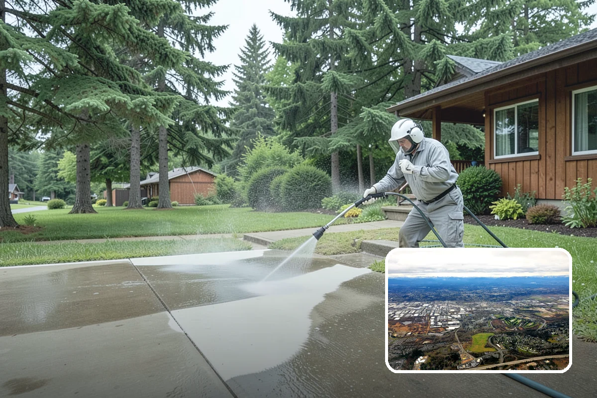Concrete Wall Cleaning in Kent, King County, WA - Clears green algae from shaded, north-facing wall surfaces